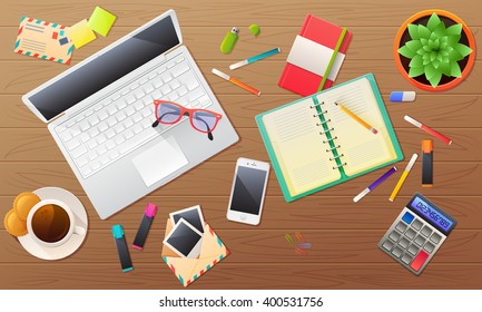 Colorful flat illustration of a designer's office table with computer, flower, phone, pencils, cup of coffee with cookies, markers, photos, flash, glasses and notebooks