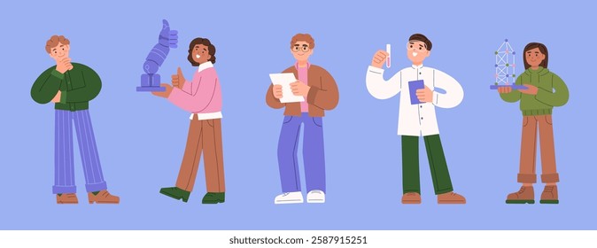 Colorful flat illustration of diverse scientists and engineers working on robotics, chemistry, engineering, and research projects, representing STEM education and innovation.