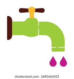 Eine farbenfrohe, flache Illustration eines tropfenden Wasserhahns. Ein einfaches grafisches Symbol für Sanitäranlagen, Wasserlecks und Konservierung. Einzeln auf weißem Hintergrund.
