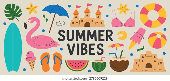 Colorful flat illustration featuring a collection of summer elements like a surfboard, flamingo, sandcastle, and watermelon, ideal for seasonal designs.