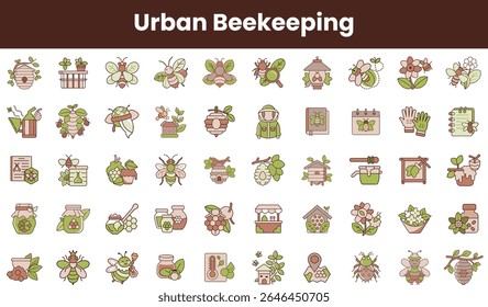 Uma ilustração plana colorida com vários elementos da apicultura urbana, incluindo abelhas, colmeias, flores e ferramentas, ideais para temas de jardinagem e sustentabilidade.