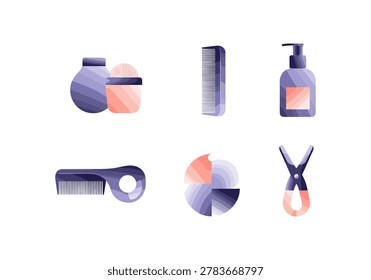Colorful flat illustration of five grooming tools including comb, brush, scissors, bottle, and container for beauty and personal care.