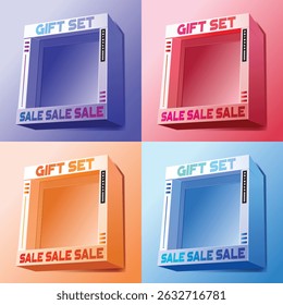 Colorful flat illustration of four empty gift set boxes in different color themes, labeled with bold “SALE” and “GIFT SET” text. Perfect for promotional design, packaging mockups, or sale-related grap