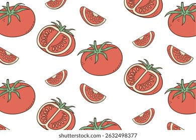 Colorful flat illustration of fresh tomatoes and tomato slices arranged in a seamless pattern, showcasing vibrant red hues and green leaves, perfect for culinary or gardening themes
