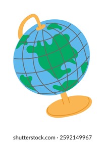 Colorful flat illustration of a globe with a golden stand, featuring simplified continents and latitude-longitude lines, perfect for educational, travel, and geography-related designs