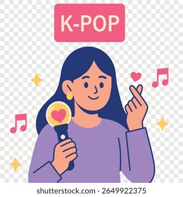 Colorful flat illustration of K-pop fan girl making finger heart and holding lightstick. Perfect for social media, fan merch, music-related content. Hand drawn simple vector on transparent background
