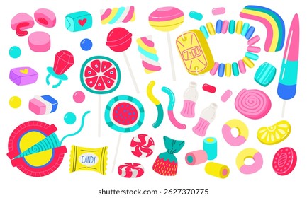 Ilustração plana colorida de doces e doces populares dos anos 90. Inclui pirulitos, minhocas, anéis de doces, chiclete, relógio de doces e outras delícias nostálgicas no fundo branco.