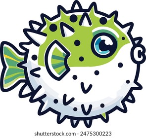 Colorful flat illustration of a pufferfish, with its round, spiky body and expressive eyes, set against a minimalist blue background