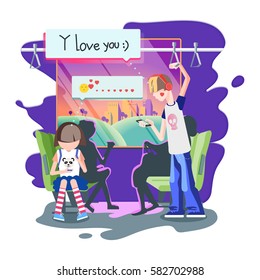 Colorful flat illustration represents situation in the public transport. The boy sends a love-message to a girl. 