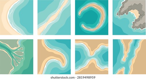 A colorful flat illustration set of coastal landforms featuring beaches, bays, sandbars, atolls, river deltas, channels, rocky shores, and curved coastlines. Ideal for geography education, environmental infographics, maps, marine studies, presentations, and travel designs.