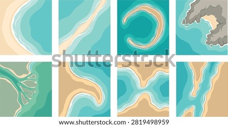 A colorful flat illustration set of coastal landforms featuring beaches, bays, sandbars, atolls, river deltas, channels, rocky shores, and curved coastlines. Ideal for geography education, environmental infographics, maps, marine studies, presentations, and travel designs.