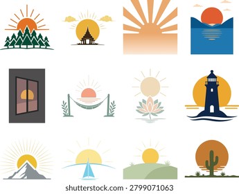 A colorful flat illustration set featuring scenic sunrise and sunset landscapes, including forest mountains, temple silhouette, ocean sunset, window view, hammock, lotus pond, lighthouse, snowy mountain, sailboat, rolling hills, and desert cactus scenery. The collection represents peaceful nature, travel destinations, outdoor relaxation, and atmospheric landscape design elements.