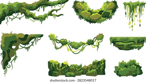 Colorful flat illustration set featuring moss covered branches, hanging vines, leafy garlands, jungle platforms, and dense tropical bushes. Ideal for game environments, fantasy scenes, posters, storybooks, backgrounds, and nature themed designs.