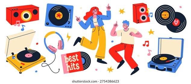 Un colorido conjunto de ilustración plana de dos personas bailando entre discos de vinilo, tocadiscos, gramófonos, altavoces y auriculares. Concepto de escucha de música retro.