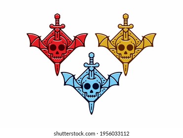 Colorful flat illustration of skeleton head with sword and wings design