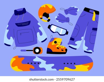 Colorful flat illustration of snowboard gear, including jacket, pants, gloves, helmet, goggles, boots, and snowboard. Perfect for winter sports designs, equipment promotions, and adventure themes