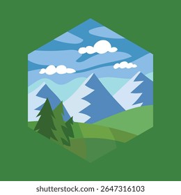 Ilustração plana colorida de montanhas cobertas de neve, céu azul, colinas e pinheiros. Cena Pacífica Da Natureza Alpina.