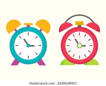 Colorful flat illustration of two classic alarm clocks. Ideal for time management, productivity apps, school visuals, or morning schedule designs.