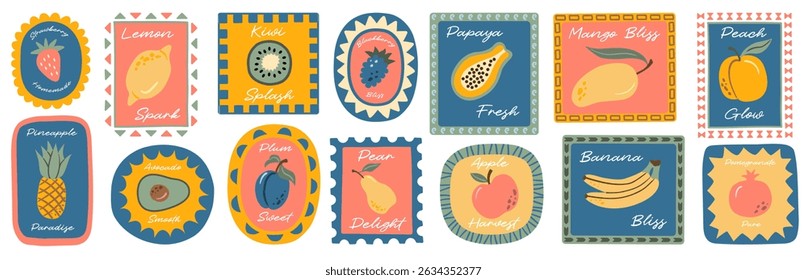 Colorful flat illustration of various fruits with labels, perfect for food packaging, healthy eating designs, and tropical fruit themes.