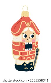 Colorful flat illustration of whimsical nutcracker ornament with red uniform and cheerful expression, representing festive Christmas decor. Vector drawing isolated on white background