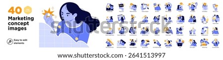 Colorful flat illustrations covering digital marketing themes like product launch, customer support, growth strategy, teamwork, and UX design.