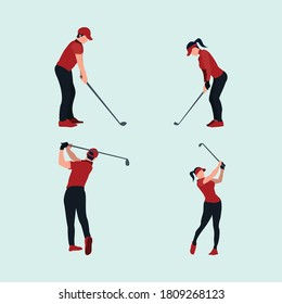 colorful flat illustrations set - playing a golf - a man and woman swing golf stick