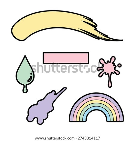 Colorful flat including yellow brush stroke pink rectangle green teardrop splatter cloud and rainbow