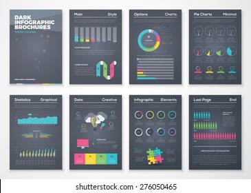 Colorful flat infographic brochures with black background. Data visualization and statistic elements for print, website, corporate reports and graphic projects. 