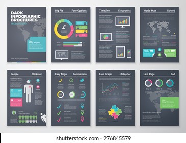 Colorful flat infographic brochures with dark background. Data visualization and statistic elements for print, website, corporate reports and graphic projects. 