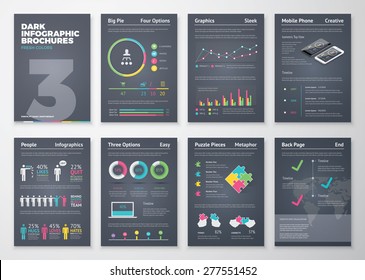 Colorful flat infographic templates on dark background. Big set of modern infographic vector elements for web, print, magazine, flyer, brochure, media, marketing and advertising concepts.