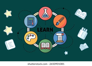 Colorful flat infographic vector of school subjects, educational icons, feature a chemistry flask, paintbrush, calculator, book, and architectural column.