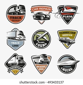 Colorful flat isolated retro style emblems set for various transport modes air ground and water carriage vector illustration