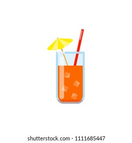 Colorful flat juice with ice and straw isolated on white background.