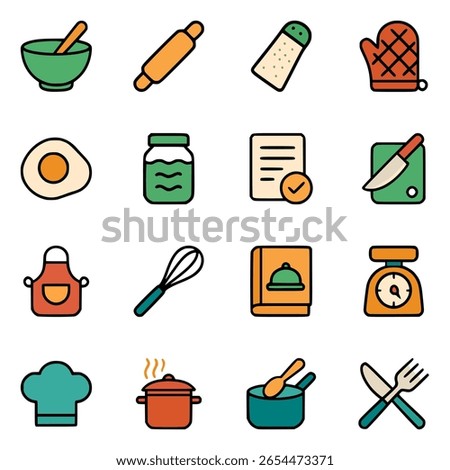 Colorful flat kitchen utensil and cooking tool icons including knife, pot, recipe book, apron, scale, and whisk