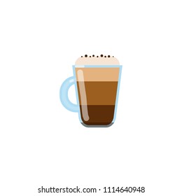 Colorful flat latte or macchiatto coffee in glass isolated on white background.