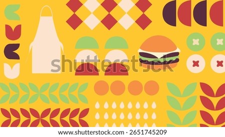 Colorful flat lay of burger, apron, vegetables, and food ingredients on a yellow backdrop, ideal for fast food or cooking-themed designs.