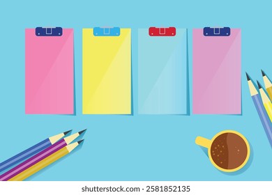 Colorful flat lay with pastel clipboards, matching pencils, and coffee cup on blue background, ideal for business planning, creativity, or office-themed designs.