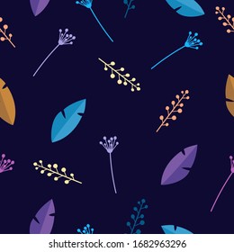 Colorful flat leaves, branches and berries on dark blue background. Seamless style floral pattern. Suitable for packaging, textile, wallpaper.