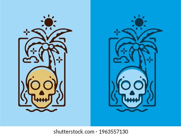 Colorful flat line art illustration of skull head and coconut tree design