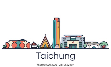 A colorful flat line art vector illustration of the Taichung city skyline featuring iconic architectural landmarks from Taiwan.