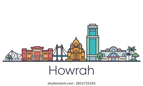 A colorful flat line art vector illustration representing the skyline of Howrah, India, featuring its iconic bridges and landmarks for travel design.