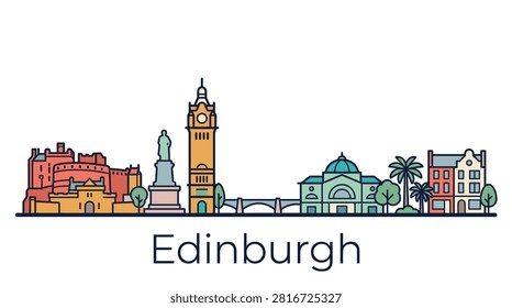 A colorful flat line art vector illustration of the Edinburgh skyline featuring famous landmarks on a white background.