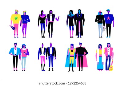 Colorful flat line characters,subculture music genre apparel style concept.Flat people outfit styles diversity-hipster,hip hop,rap,punk,hippie,rock,metal,goth,reggae genres on white background