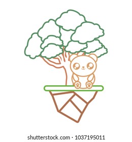 Colorful flat line elm tree, kawaii bear and earth piece vector illustration