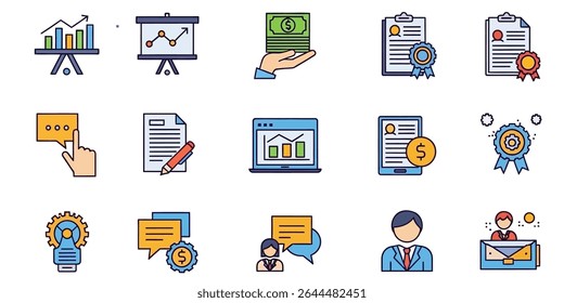 Colorful flat line icons depict the theme of success and strategy. This modern graphic symbolizes different business processes and corporate finance elements with clean, simple vectors, suitable for p
