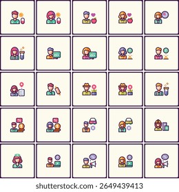 Ícones de linha plana coloridos que ilustram profissões diversas e temas de estilo de vida