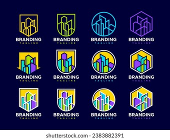 Colorful flat line property building logo design set