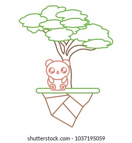 Colorful flat line umbrella pine tree, kawaii brown bear and earth piece vector illustration