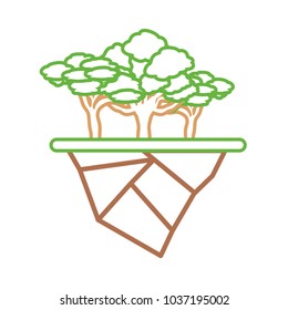 Colorful flat line umbrella stone pine tree forest  with earth piece vector illustration