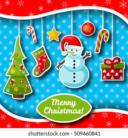 Colorful flat merry christmas postcard with hanging toys and decorations vector illustration